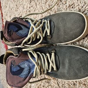 Gray and Blue Lace Up Boots with Patterned Collar